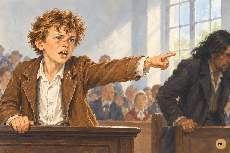 At the height of his testimony, Tom flings out his arm and points at Injun Joe across the courtroom.