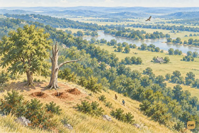 At still noon, the lone dead tree on the hilltop reaches its limb over a green valley