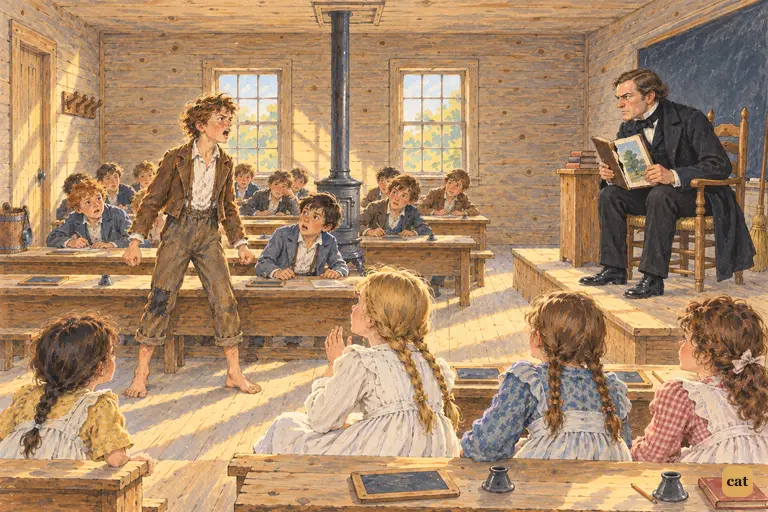 In the silent schoolroom Tom leaps to his feet and takes the blame for the torn book to save Becky.