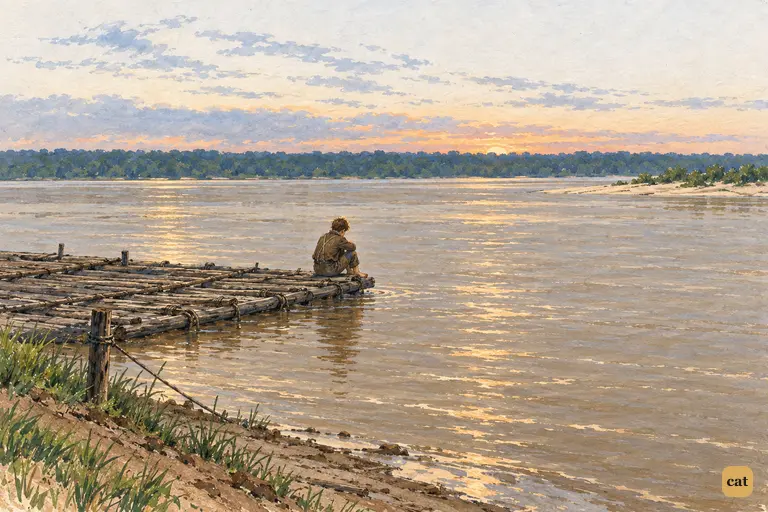 At dusk, Tom sits alone at the edge of a weathered log raft before the vast river