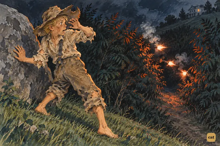 On Cardiff Hill, Huck recoils from the boulder as gunfire flashes in the sumac thicket