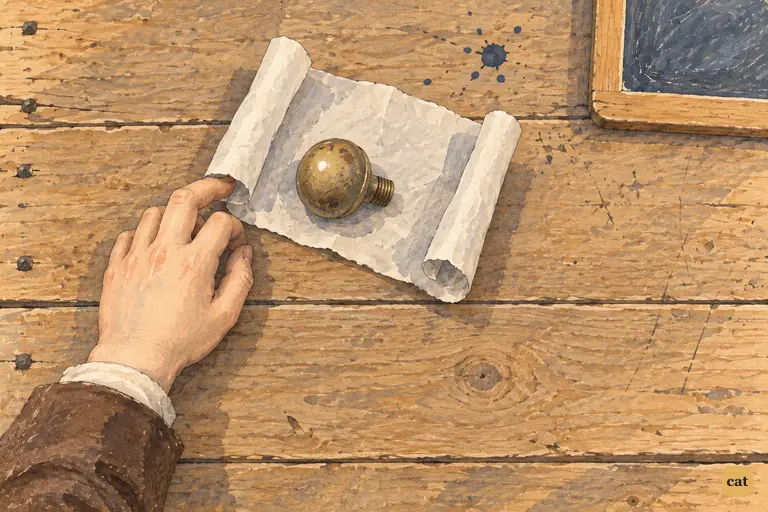 Tom's limp hand rests beside a half-unrolled paper on the school desk.