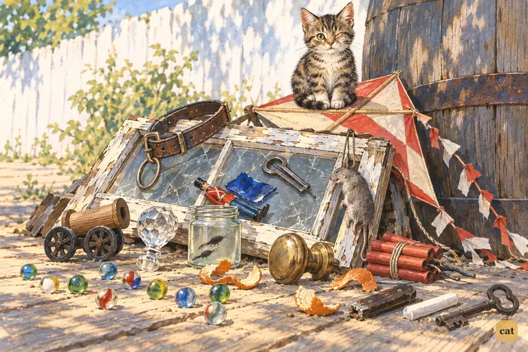Traded treasures lie heaped at Tom's barrel: a kite, a dead rat, marbles, a tin soldier