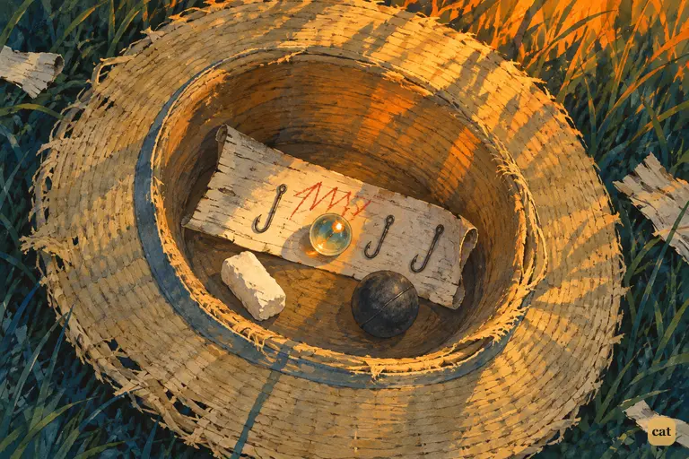 Joe's straw hat lies upside down on the dark grass by the campfire.