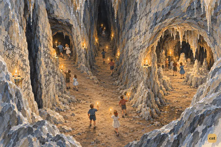 From a high crack in McDougal's cave, tiny candle flames move along the avenue