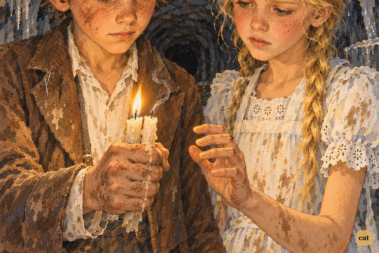Deep in the cave, Tom silently blows out Becky's candle to save light.