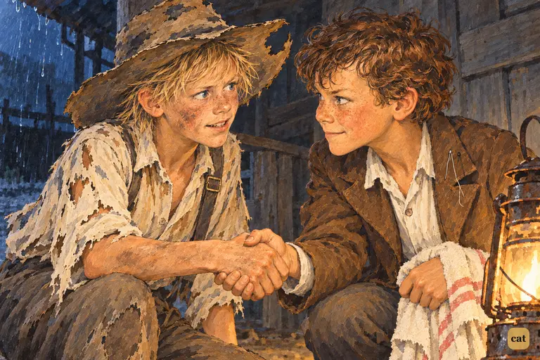In the old slaughter-house shed, Huck grips Tom's hand and agrees to watch every night