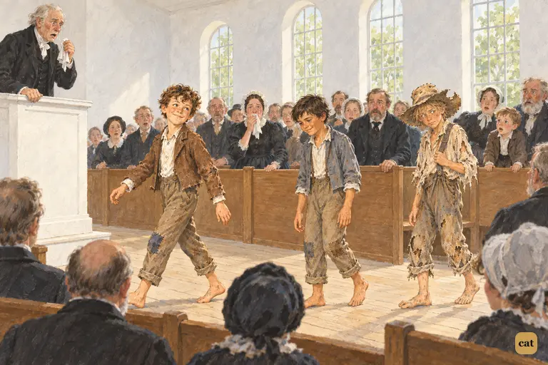 The congregation rises in stunned silence as the three "dead" boys march up the aisle