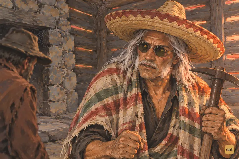 Kneeling over the unearthed gold, Injun Joe tells his comrade the job is revenge
