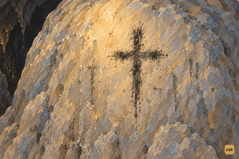 Deep in McDougal's cave, a cross smeared in candle-smoke shows on the great rock