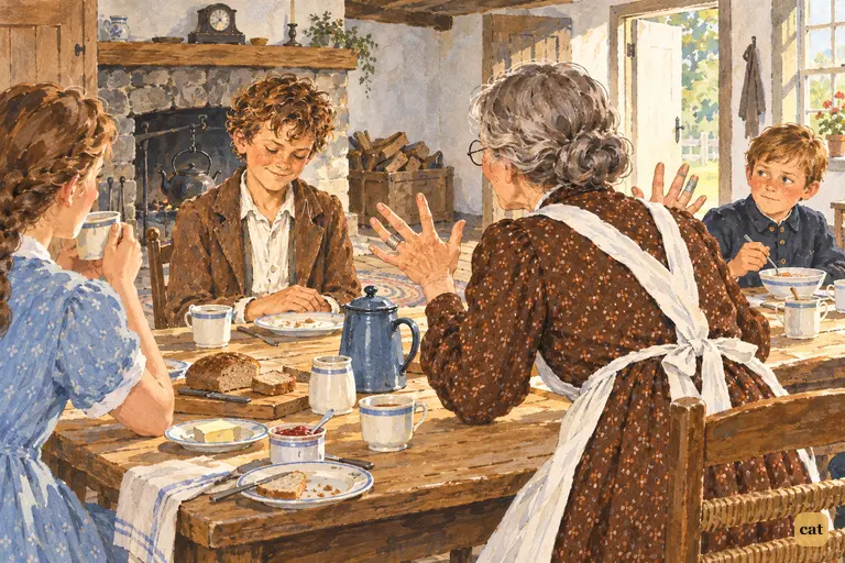 Aunt Polly half-rises from her chair with her hands raised in awe at Tom's "prophetic dream."