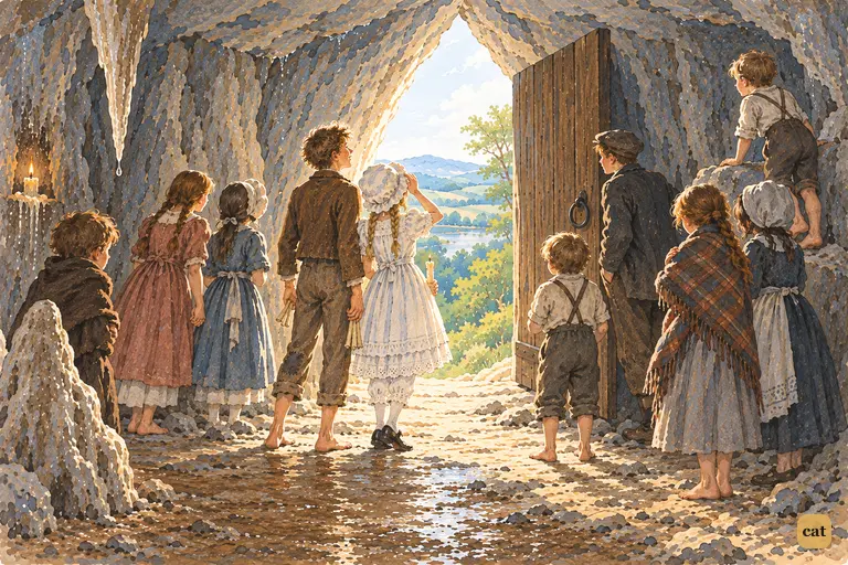 In the cave's cold vestibule, the hushed children gaze out at the sunlit green valley