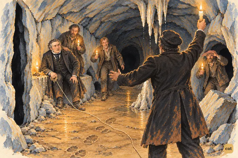 In McDougal's cave, a messenger follows the twine to the exhausted Judge Thatcher