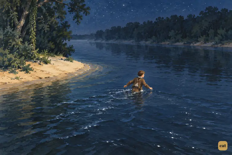 Under a starry sky, Tom wades waist-deep off Jackson's Island toward the Illinois shore