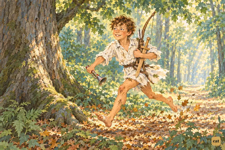 At the faint tin trumpet, Tom runs barelegged through the forest toward the great elm