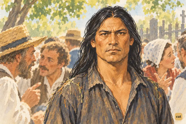 Tom's eye falls on Injun Joe in the middle of the talking, pitying crowd at the graveyard.