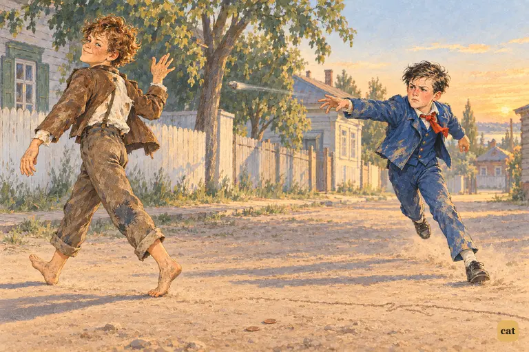Tom struts off down the dusty street at dusk, proud of his win.