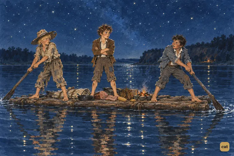 Under the stars, three runaway pirates push their log raft onto the dark Mississippi