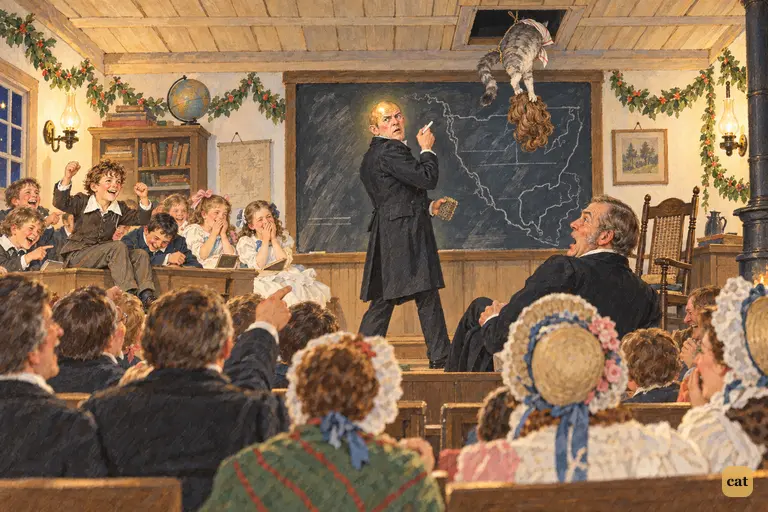 The cat whisks the wig away, and the schoolmaster's gilded bald head blazes like a lamp