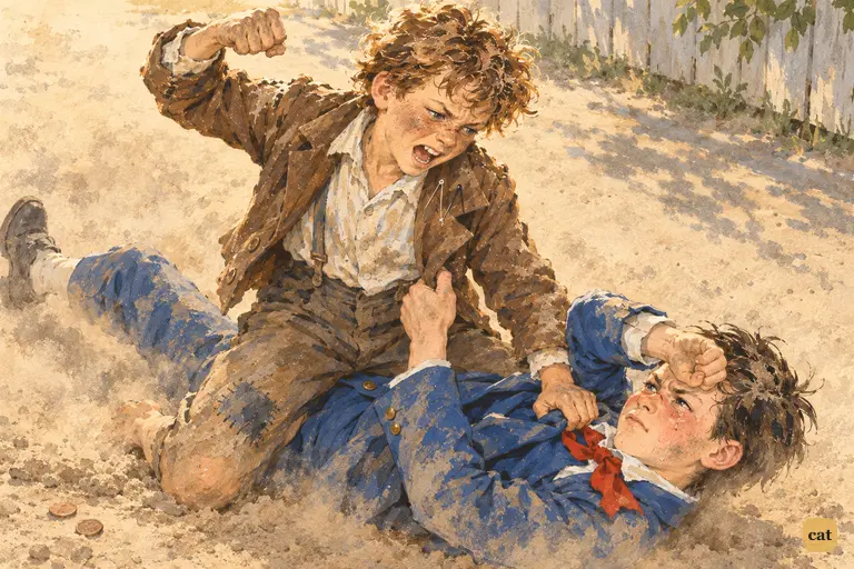 Tom Sawyer sits astride the new boy in the dusty village street as the dust thins