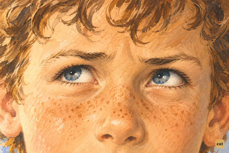 Tom looks up at Aunt Polly, grave and repentant, with a spark of mischief in his eyes