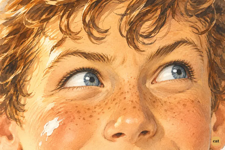 In this extreme close-up, Tom's eyes fly open.