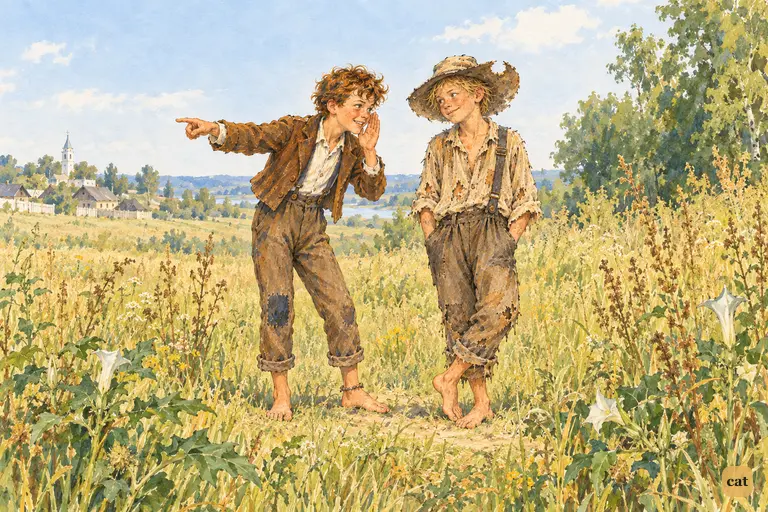 In a weedy spot at the village edge, Tom leans in to share his treasure plan with Huck