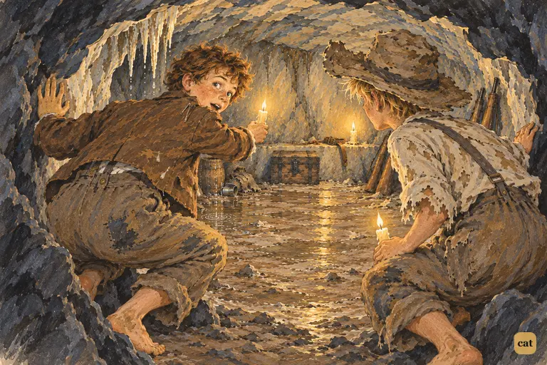 Tom's candle opens a hidden cavern at the end of the winding rift.