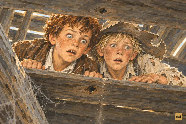 Two boys lie pressed to a gap in the planks of the haunted house.