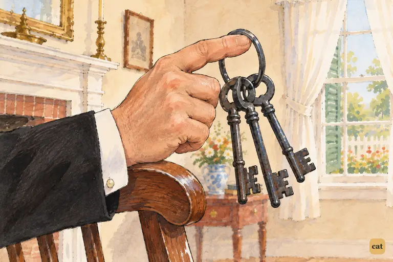 Judge Thatcher holds up the three iron keys that lock the cave door on Injun Joe
