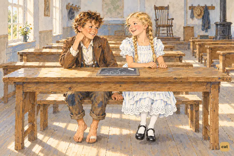 At the noon recess, Tom and Becky have the empty schoolroom to themselves.