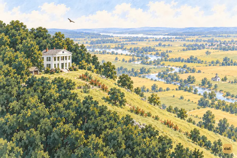 A high view of wooded Cardiff Hill and the white Douglas mansion above a hazy valley