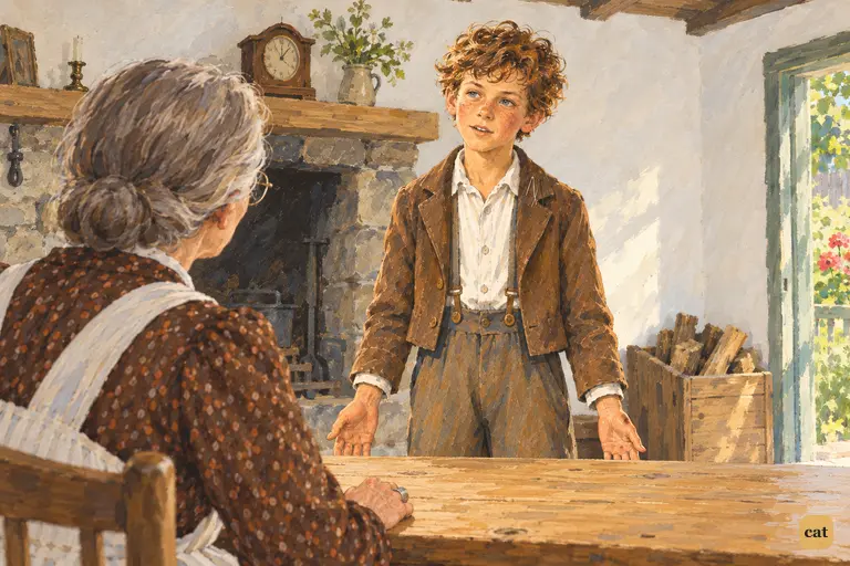 Across the worn pine table, Tom tells his aunt why he kissed her, and his face is open and sincere.