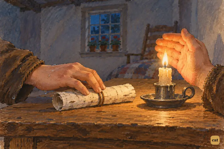 Tom lays the white sycamore scroll by his sleeping aunt's candle, shading the flame