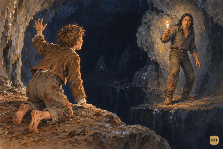 At the dead end of the passage, the candle Tom took for rescue shows Injun Joe's face.