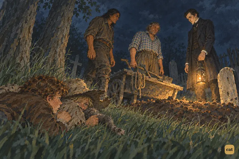 Three men stop by the fresh grave, a few feet from Tom and Huck lying flat in the grass