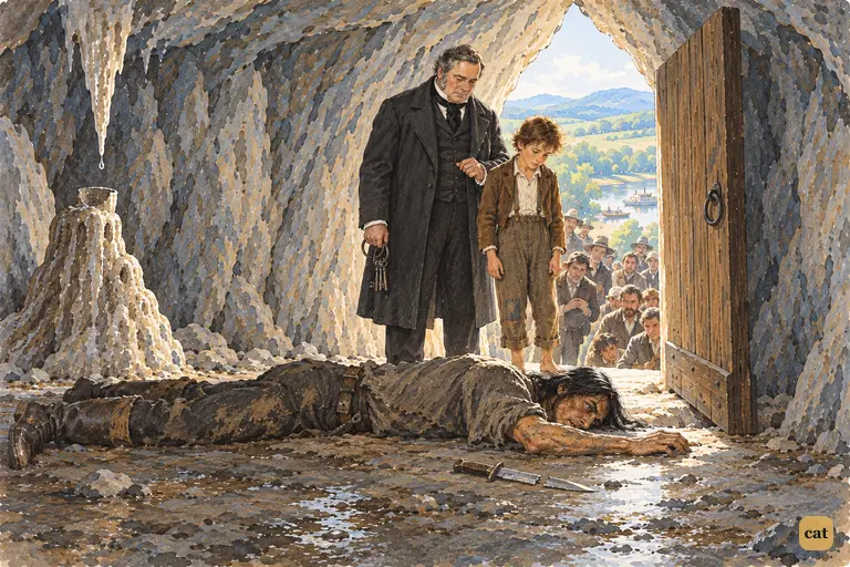 The cave door opens on Injun Joe, lying dead with his face pressed to the crack