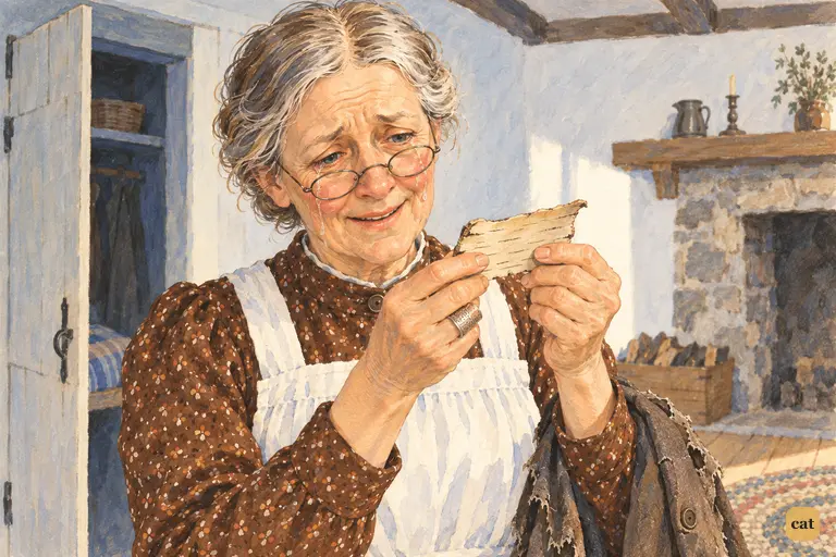 Aunt Polly cries as she reads Tom's piece of sycamore bark at the open closet