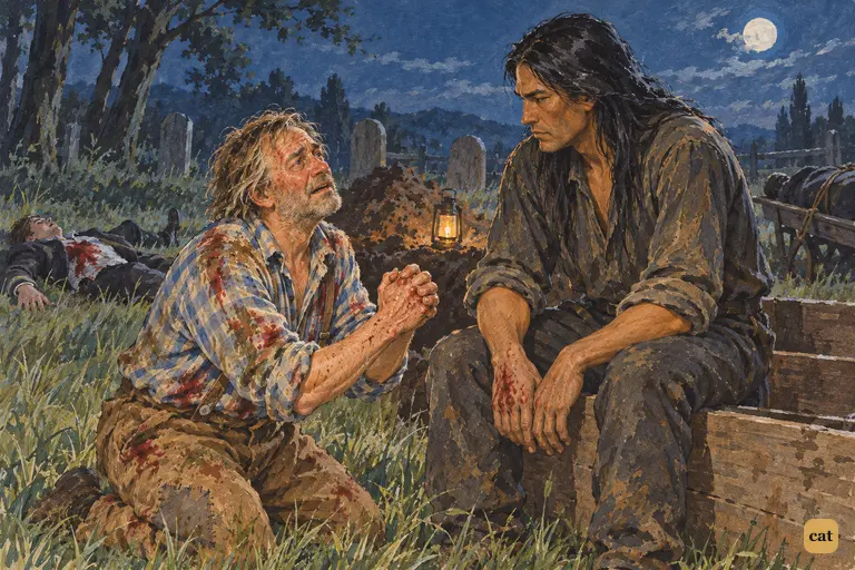 Muff Potter, blood on his shirt, kneels and raises clasped hands to Injun Joe