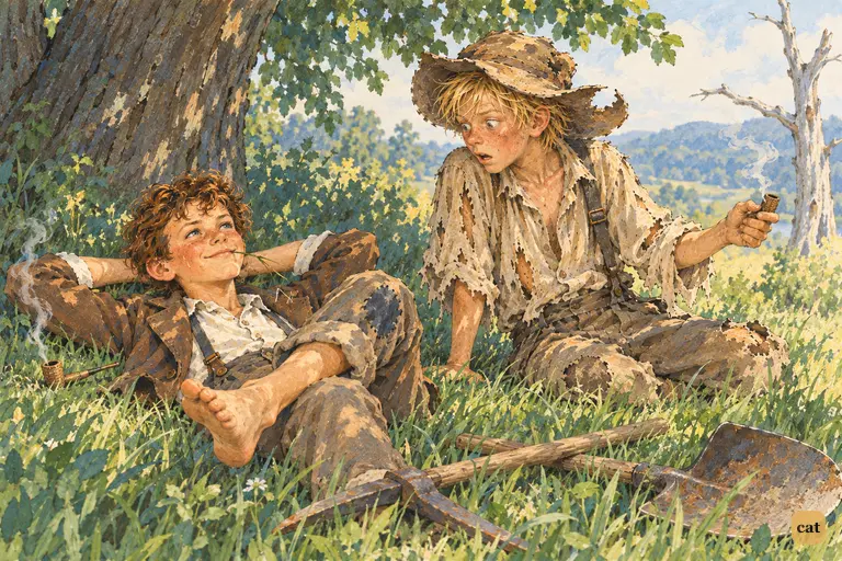 Under the elm, Huck jerks bolt upright, pipe held out in the air, and stares at Tom.