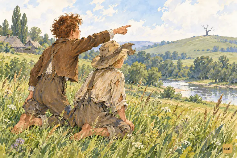 Kneeling in the weeds, Tom points to a lone dead tree on the far hill, and Huck nods