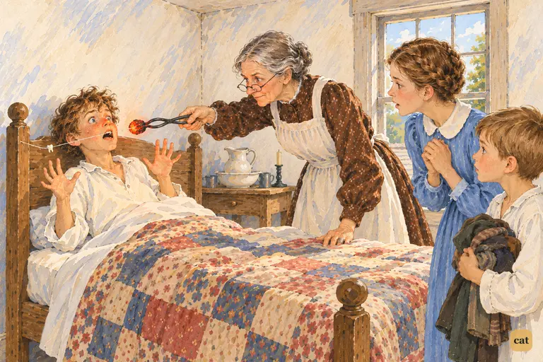Aunt Polly suddenly thrusts a glowing chunk of fire at Tom's face.