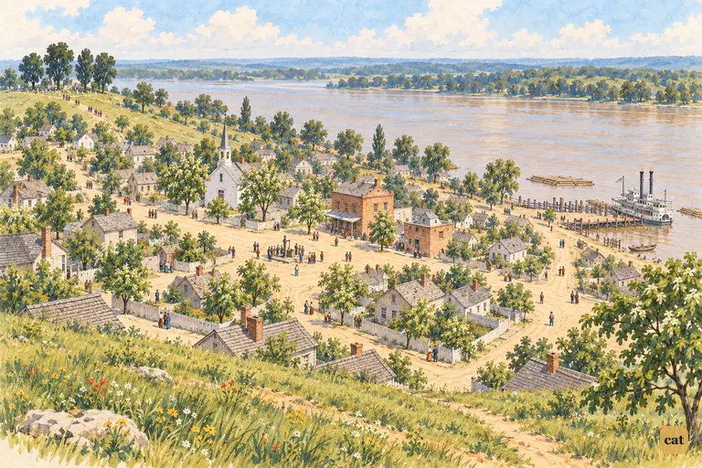 At noon the small river village lies quiet between the green hill and the brown Mississippi.