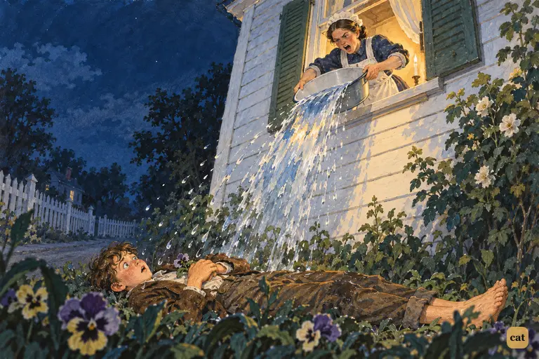 A maid throws up the sash and empties a basin of water onto Tom lying under the window