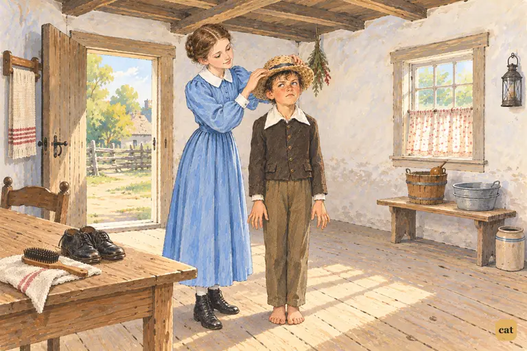 Scrubbed and buttoned into Sunday clothes, Tom stands stiff as a post in the kitchen