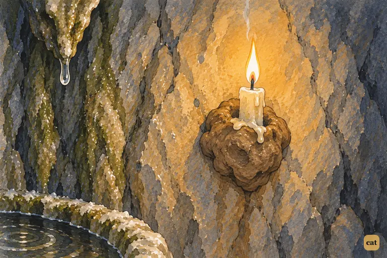 A short tallow stub stuck in clay on the wet cave wall is Tom and Becky's last light