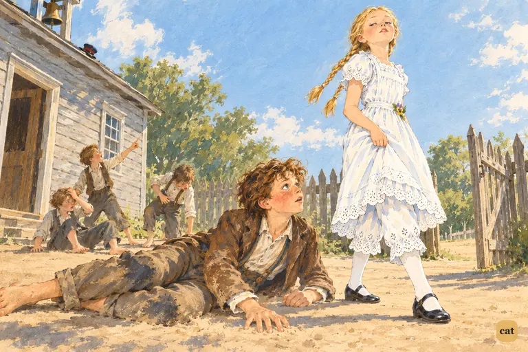 Tom lies sprawled in the schoolyard dust at Becky's feet after all his showing off.