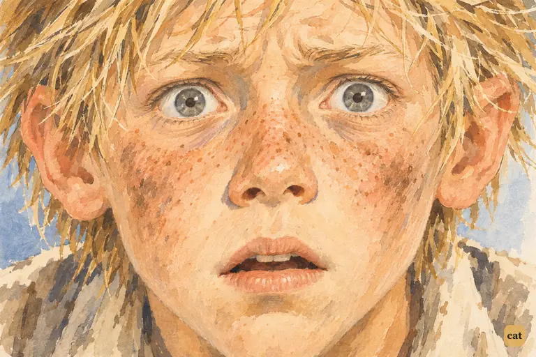 In an extreme close-up, Huck stares wide-eyed across the breakfast table without breathing.