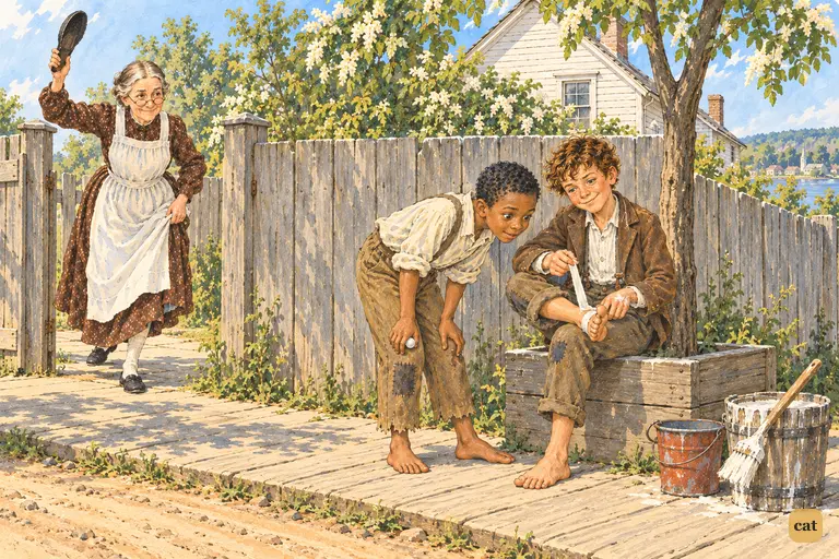 Jim bends over Tom's bandaged toe as Aunt Polly slips out of the gate, slipper raised