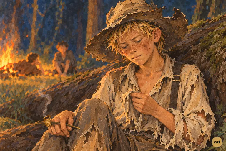 By the campfire, Joe's talk of pirates in gold and silver makes Huck look at his rags